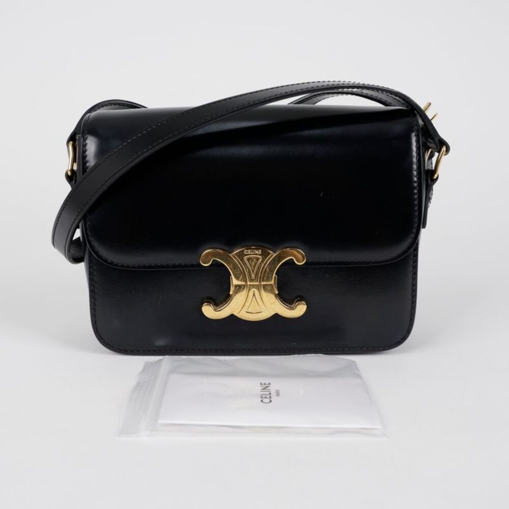 Women's Tin Triope Shiny Calfskin Shoulder Bag Black